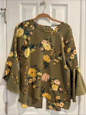 Lauren Conrad Floral Bell-Sleeve Blouse - Olive/Yellow